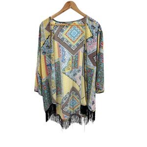 NY Collection Women's XL Geometric‎ Patchwork Kimono Duster Cardigan Fringe